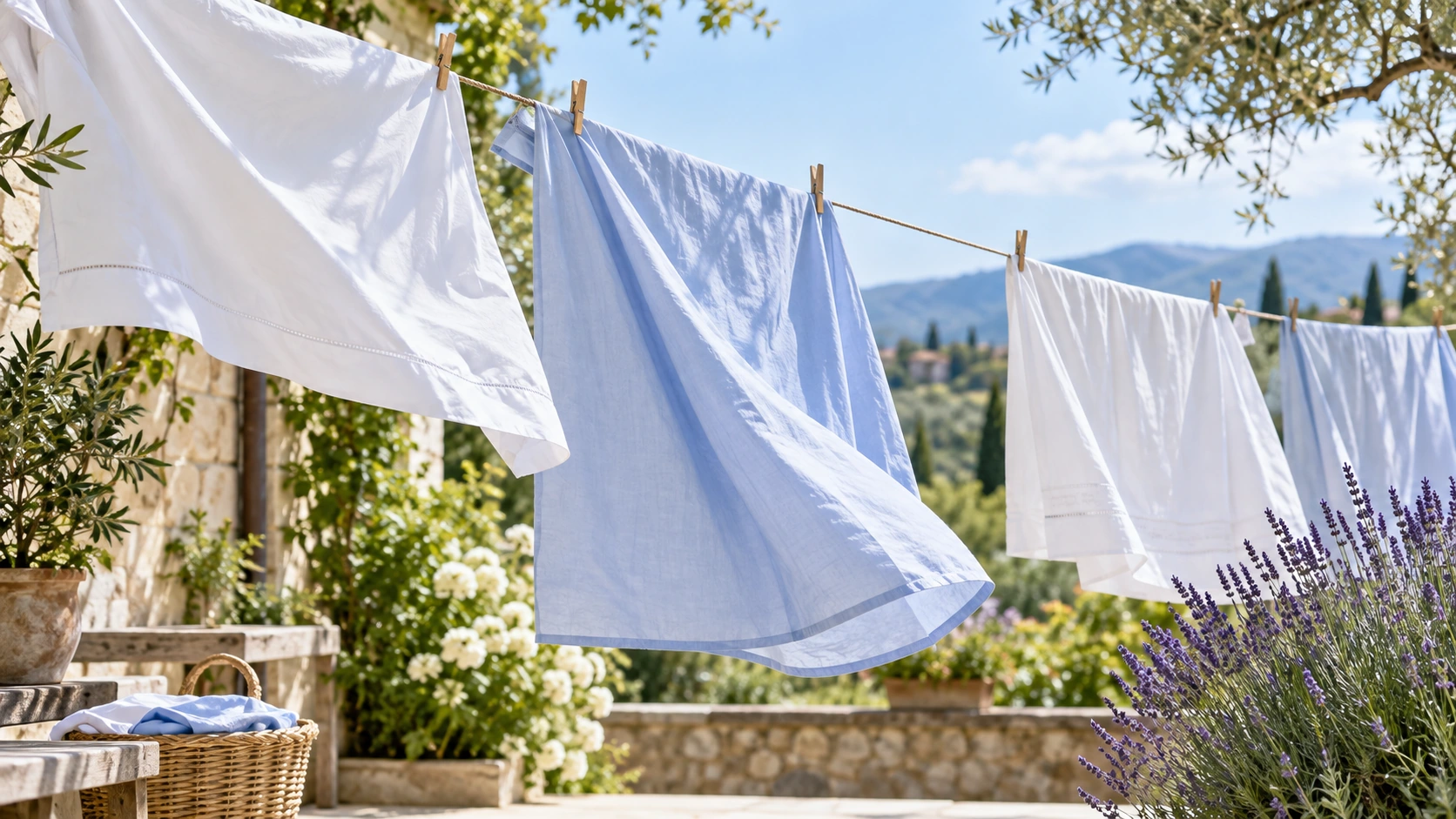 Fresh laundry drying in natural light